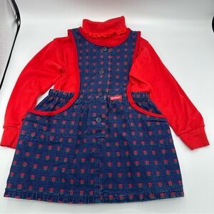 Vintage 90s OshKosh B'Gosh Girl Dress Jumper Red Rose Print With Red Turtleneck